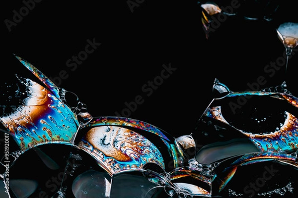 Obraz Close-up of soap foam bubbles with iridescent surface areas on a black background