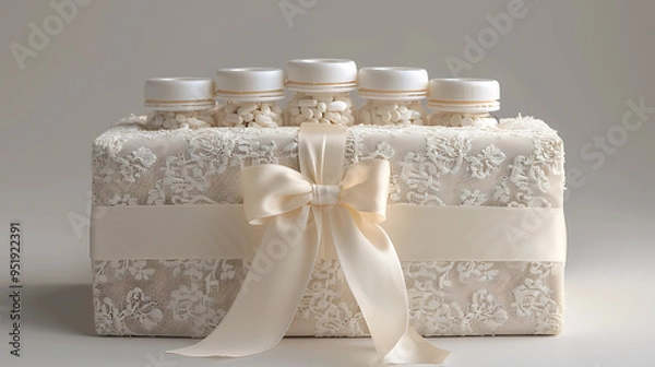 Fototapeta A delicate gift box wrapped in white lace and a large satin bow, topped with small jars filled with white pills.
