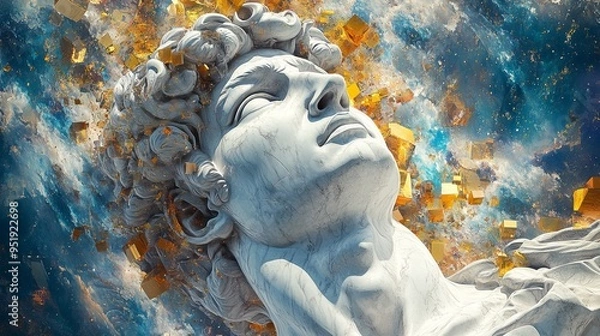 Fototapeta Stunning marble sculpture of David surrounded by golden fragments in space