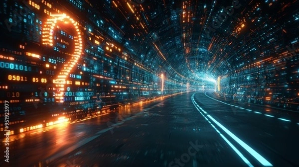 Fototapeta Curious futuristic digital landscape featuring a glowing question mark in a tech inspired space