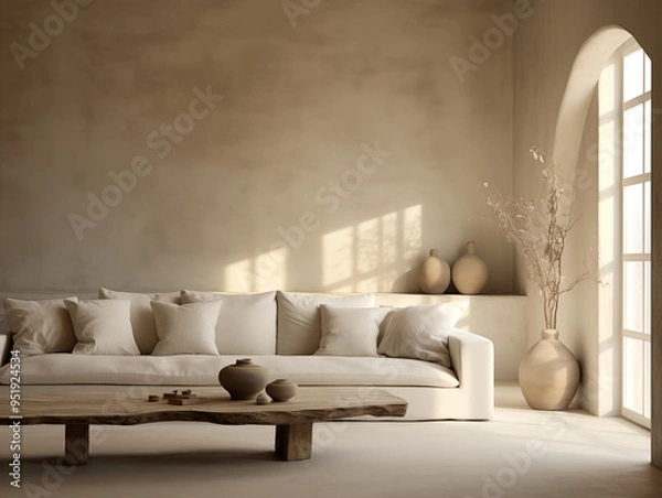 Fototapeta Wabi sabi and japandi japanese style rustic interior in in white and neutral with wood, pottery and texture elements