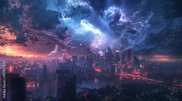 Obraz Dramatic Lightning Storm Over City Skyline at Sunset