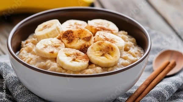 Fototapeta Cinnamon Banana Oatmeal: A steaming bowl of creamy oatmeal topped with fresh banana slices and a sprinkle of cinnamon, a delicious and healthy breakfast option. 