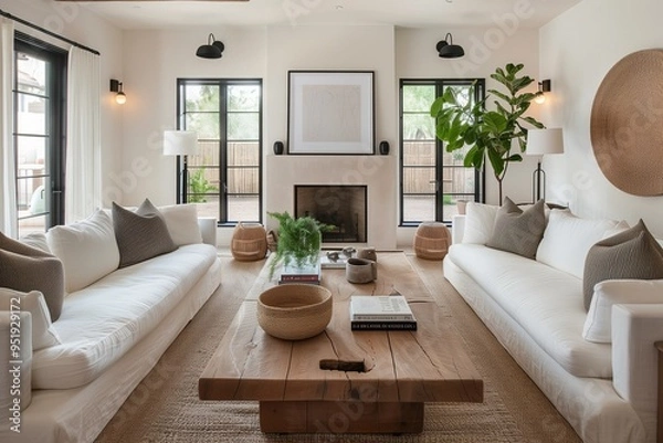Fototapeta A large living room with a white sofa, coffee table, and black windows.