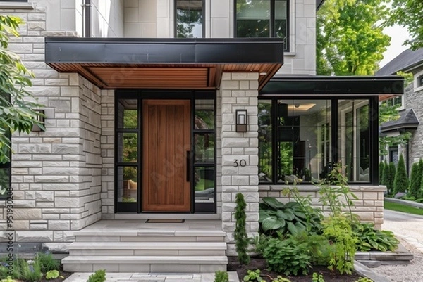 Obraz Ultra-realistic, bright, and scenic view of the front entrance to an upscale modern home neighborhood