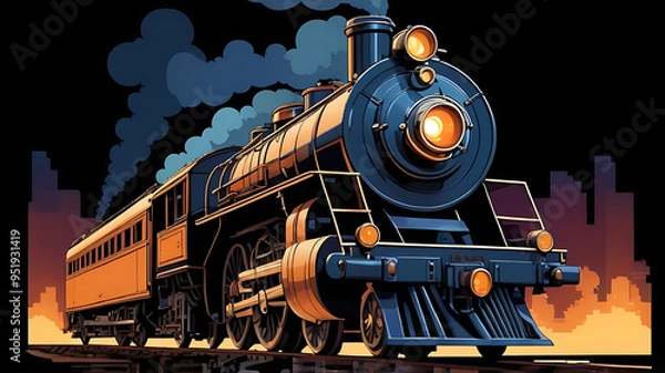 Fototapeta Close-up of a steam locomotive's front, featuring the headlight and smokestack, emphasizing the vintage industrial feel, 8-bit style, retro style