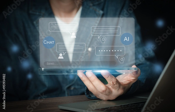 Obraz Chat with AI, Artificial Intelligence. Businessman using transparent tablet Discuss some questions and answers with the chatbot for buiness. Futuristic technology transformation.