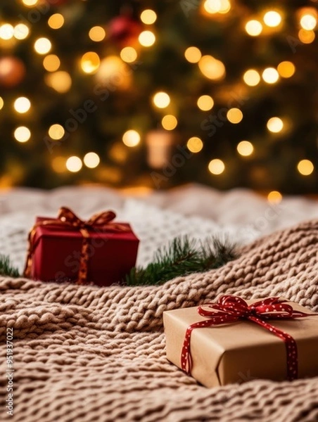 Fototapeta Christmas Eve Setting with Warm Blanket, Gifts, and Tree in a Cozy Home Environment