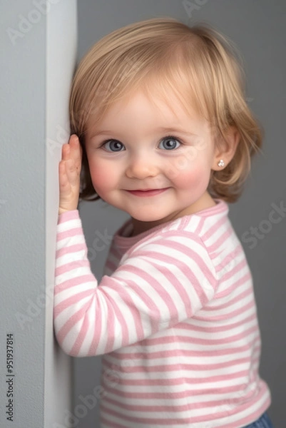 Fototapeta Adorable toddler smiling with big blue eyes, wearing a striped pink shirt, looking cheerful and playful against a gray background
