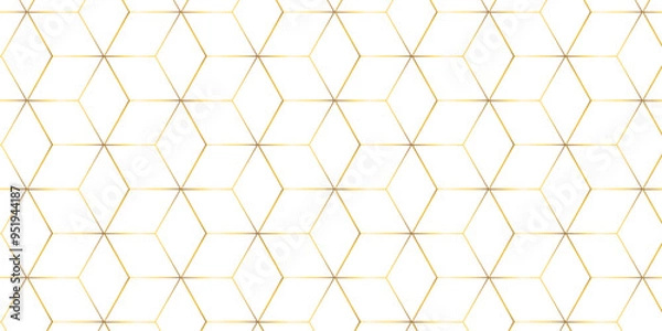 Fototapeta Abstract seamless pattern with square hexagon tile and cube grid mosaic honeycomb diamond triangle structure shape isometric gold line block wallpaper.	
