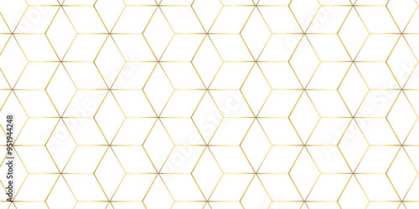 Fototapeta Abstract seamless pattern with square hexagon tile and cube grid mosaic honeycomb diamond triangle structure shape isometric gold line block wallpaper.	

