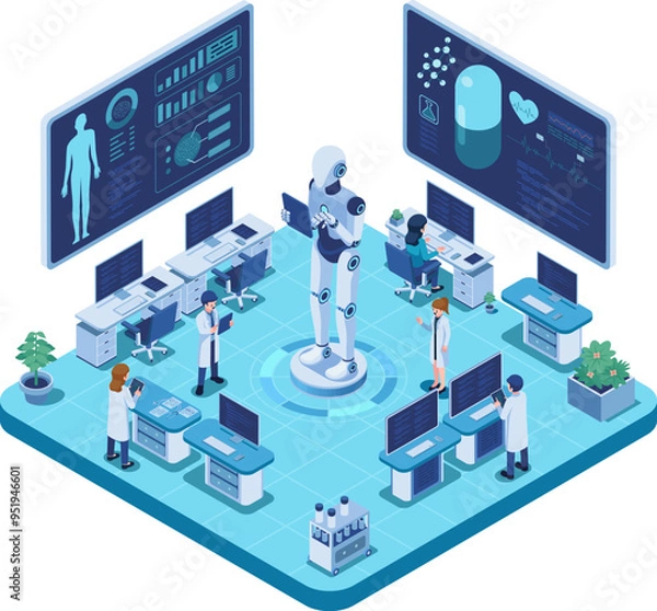 Fototapeta Isometric AI Robot Assisting Team of Medical Professionals In Lab