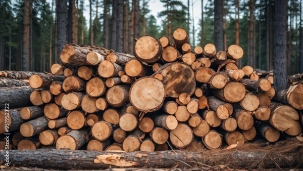 Fototapeta The logs are stacked in the forest. The problem of deforestation.
