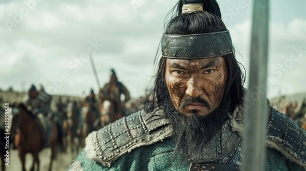 Fototapeta Cinematic Close-Up of Genghis Khan Leading Troops into Battle with Steely Resolve