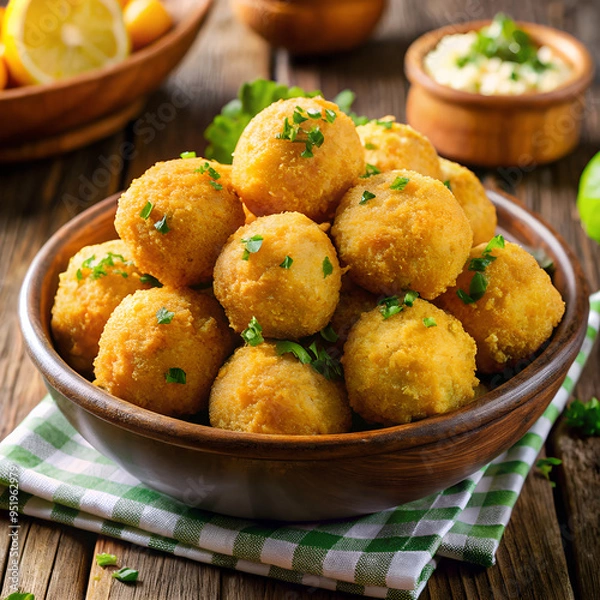 Fototapeta Bolinhos de Bacalhau: fried round pieces of salted cod.
