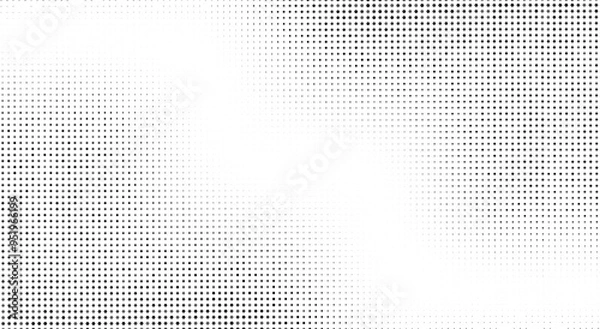 Fototapeta Retro grunge overlay halftone dot pixel pattern backdrop, gradient texture and digital technology background in pop art comic style. Distressed halftone dotted banner frame for social media business.