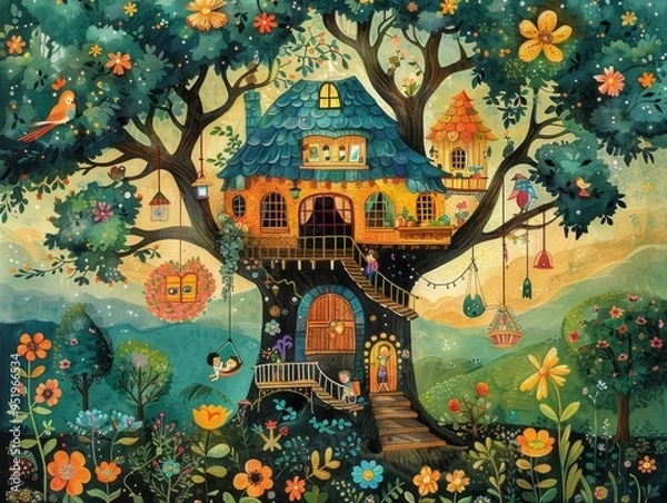 Fototapeta A whimsical treehouse nestled in a vibrant forest, adorned with flowers and whimsical details.