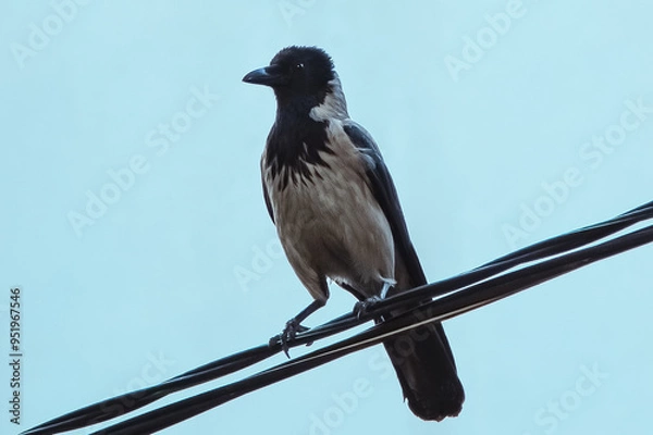 Obraz Hooded crow (Corvus cornix) sitting on a wire on a blue background