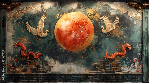 Obraz Painting of Birds and a Red Moon