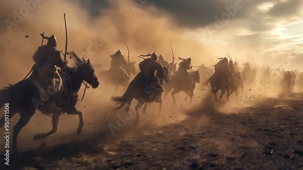 Fototapeta Cinematic Mongol Cavalry Charge with Warriors on Horseback in a Dusty Battlefield