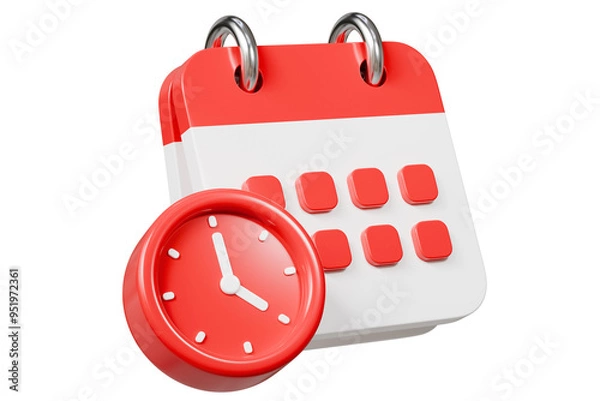 Fototapeta 3d Red Calendar with clock icon on isolated purple background. Reminder notification or Time management concept. Website Ui design icon. Minimal 3d cartoon red calendar time zone icon. 3d render.