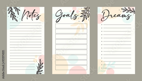 Fototapeta Planner pages template set, notes, goals and dreams blank layout vector, floral handrawn design illustration