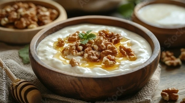 Obraz Protein-rich Greek yogurt with honey and nuts, served in a bowl, nutritious and delicious