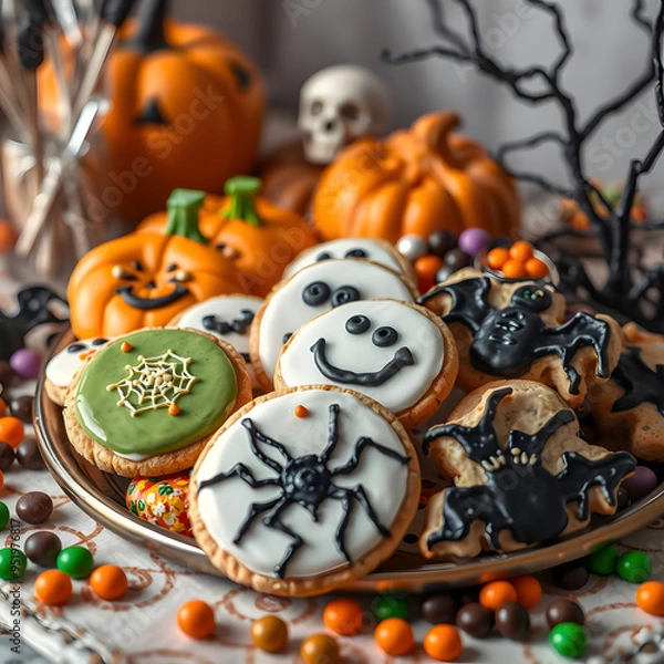 Fototapeta Halloween-themed cookies displayed on a festive table with pumpkins