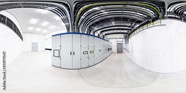 Fototapeta Network servers in a data center. Tier III carrier neutral data center. Electrical distribution room. Switchboard. 360 degrees panorama	