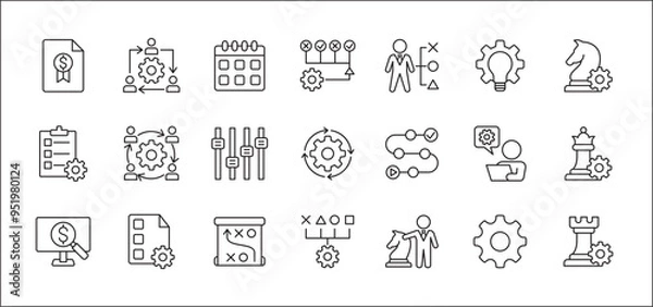 Fototapeta Business strategy, management, setup, research and plan icon set. Contains icons or symbol of businessman, team, discussion, meeting, setting, chess knight, bishop, rook. Flat thin line graphic design