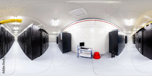 Fototapeta Network servers in a data center. Tier III carrier neutral data center. Server rooms.. 360 degrees panorama	