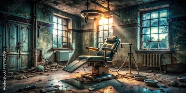 Fototapeta dystopian dentist chair patient dark grimy background abandoned asylum Setting unsettling atmosphere rusty medical tools flickering fluorescent light shadows on walls