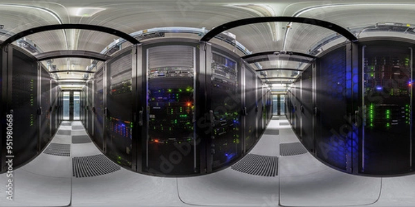 Fototapeta Network servers in a data center. Tier III carrier neutral data center. Server rooms.. 360 degrees panorama	