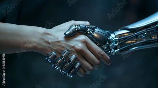 Fototapeta AI and Human Handshake Symbolizing Partnership Against Dark Backdrop