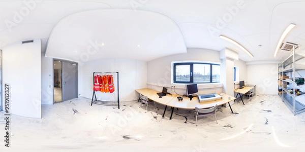 Fototapeta Network servers in a data center. Tier III carrier neutral data center. Server rooms.. 360 degrees panorama	