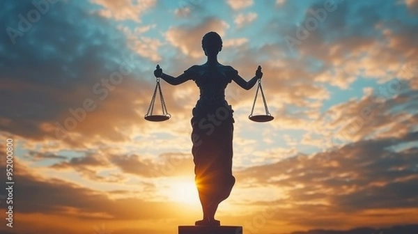 Fototapeta The figure balances scales against a vibrant sunset, representing justice and equality