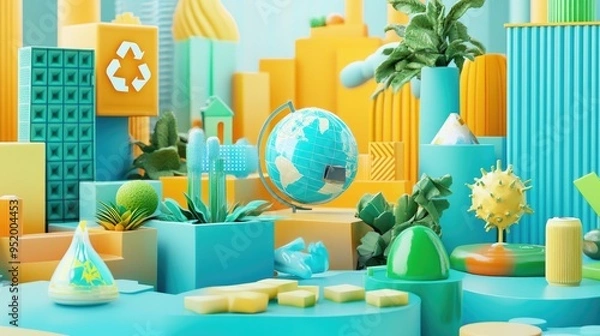 Fototapeta A 3D rendering of a whimsical scene with a globe, geometric shapes, and plants.