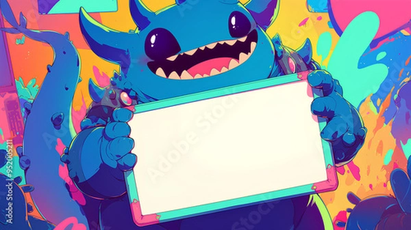 Fototapeta cute monster holding up a blank sign, colorful cartoon character, empty banner,, anime style, cute kawaii, simple, smiling happy. neon psychedelic background