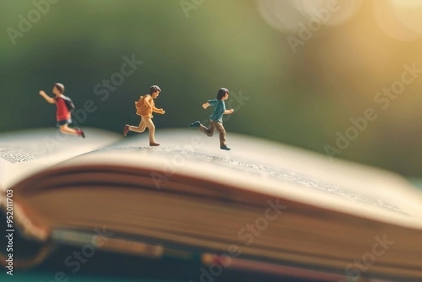 Obraz Miniature figures of children running on the pages of an open book, symbolizing the joy of imagination and adventure through reading.