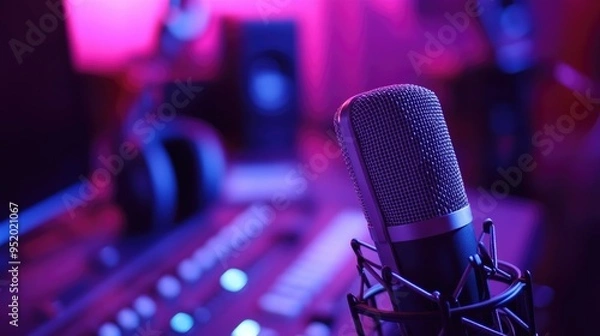 Fototapeta A close-up of a professional condenser microphone on a studio desk, with headphones and music equipment visible, showcasing the tools of a recording artist.