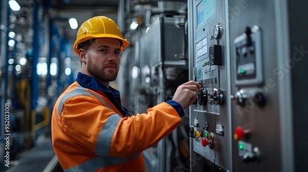 Fototapeta Industrial Control: Focused and Determined, a skilled worker in a yellow hard hat and orange safety vest monitors a complex industrial control panel, demonstrating expertise and precision in a modern 