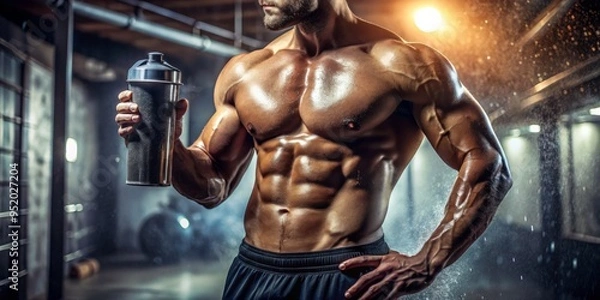 Fototapeta Sweat-drenched athlete holding a protein shaker bottle in a dimly lit gym, with a shallow depth of field emphasizing the rippling muscles, strong shadows, and warm tones.