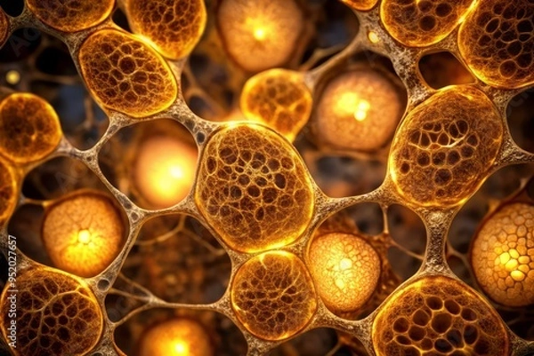 Obraz Brown adipose tissue cells illuminated under a microscope, with a shallow depth of field and soft, golden lighting to highlight their intricate structures and textures