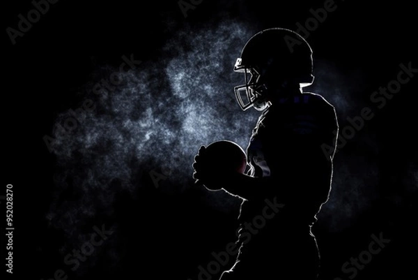 Obraz Silhouette dark scene of American football player in helmet holding football.  Fog and team. Concept