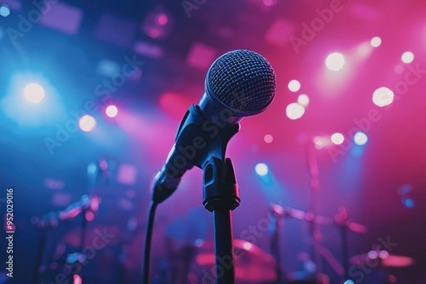 Fototapeta A singer on stage holds a shiny silver microphone with bright stage lights behind