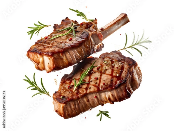 Fototapeta Grill Pork Chops Beef steaks, flying in the air, grilled meat isolated transparent background