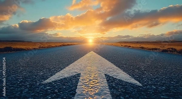 Fototapeta A straight road leading into the distance with an arrow pointing forward on it	
