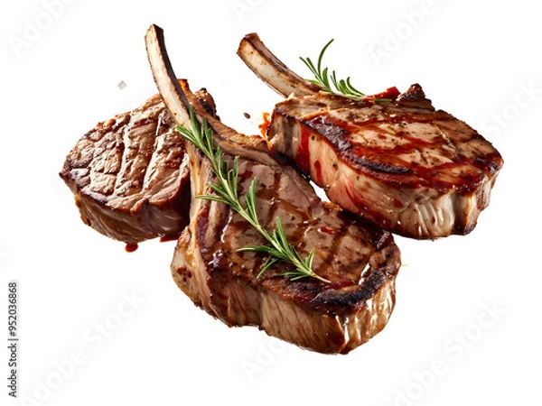Fototapeta Grill Pork Chops Beef steaks, flying in the air, grilled meat isolated transparent background