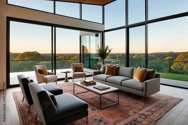 Fototapeta Chic Modern Retreat with Airy Lounge and Panoramic Parkland Views