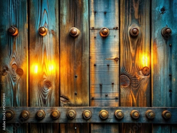 Fototapeta Weathered wooden planks with intricate grain patterns and rusty metal bolts against a moody blue-gray industrial background with warm golden light and atmospheric haze